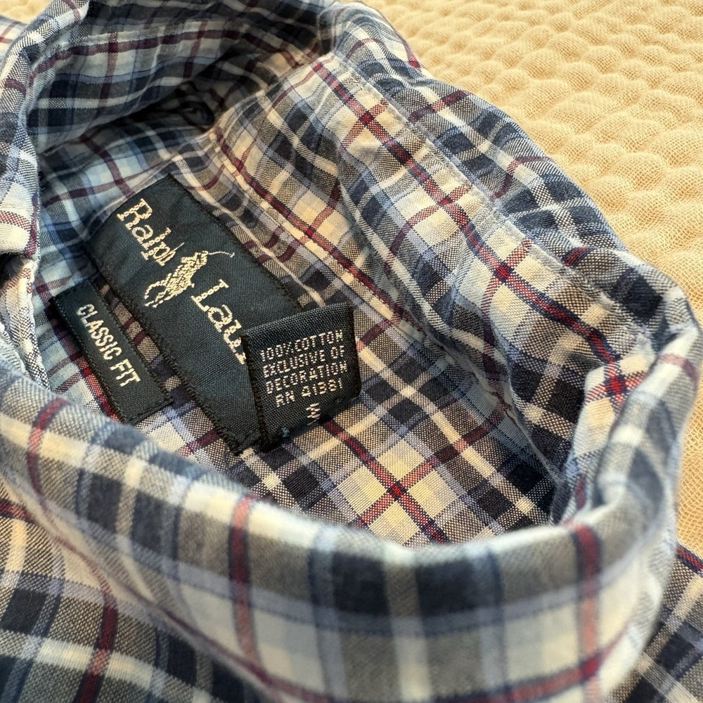 Ralph Lauren Button Down Shirt Mens Sz Medium Blue Plaid Long Sleeve 100% Cotton - Picture 5 of 9